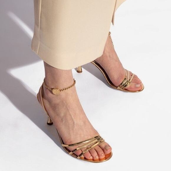 Ferragamo Denise Sandals Heel Chain Ankle Strap 70mm Metallic Gold Party Sz 7 - Picture 1 of 14